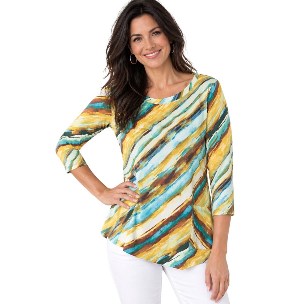 LOGO Lori Goldstein Watercolor Striped Top Womens Large Lagenlook Artsy Knit Tee